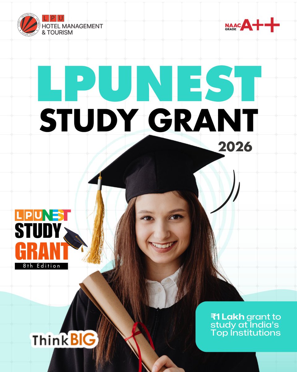 LPUHotelMgt's tweet image. Dream big, study bigger! 🚀
Unlock your future with the LPU-NEST Study Grant 2026.
#LPUNEST #StudyGrant2026 #ThinkBIG #ScholarshipOpportunity #LPU #HigherEducation #FutureLeaders #DreamBigAchieveBig