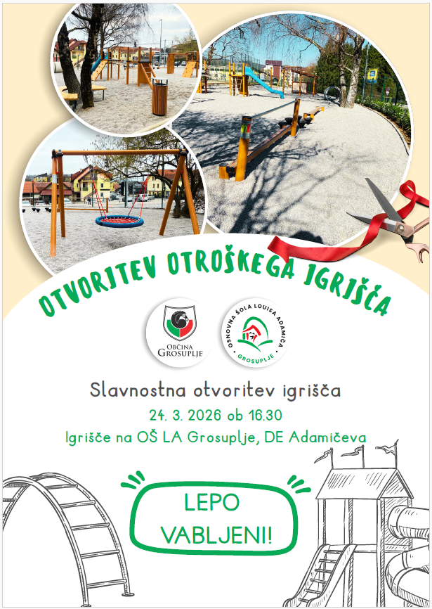 OTVORITEV OTROŠKEGA IGRIŠČA 🛝

📅 torek, 24. marec
⏱️ 16.30
📍 igrišče OŠ LA Grosuplje, DE Adamičeva

Otroško igrišče pri šoli na Adamičevi je prenovljeno in pripravljeno, da ponovno zaživi v otroškem smehu in igri. 👧🧒

Vabljeni! 😊

#otvoritev #novootroškoigrišče #adamičeva
