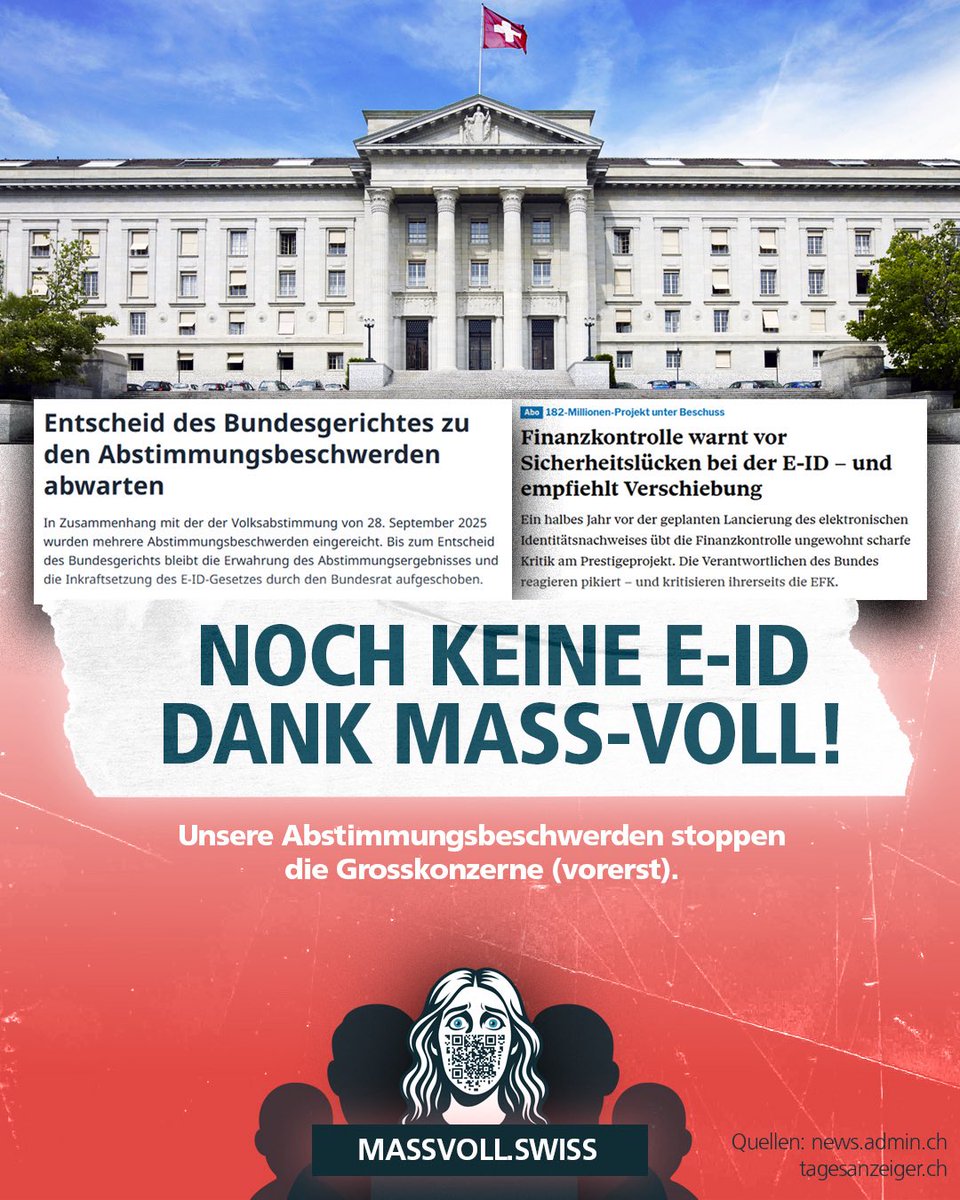 mass_voll's tweet photo. ❗️ Historisch: Bundesrat stoppt E-ID! Dank den Abstimmungsbeschwerden von MASS-VOLL! hat die Regierung die E-ID vorläufig gestoppt! Auch die eidg. Finanzkontrolle warnt und empfiehlt eine Verschiebung.

🚀  Im Januar 2025 ergriff MASS-VOLL! das Referendum gegen die E-ID. 275'871.94 CHF investierten wir dank Deinen Spenden in die Abstimmungskampagne. Wir haben nur ganz knapp nicht gewonnen, weil Grosskonzerne illegal handelten!

✊🏻 Natürlich kämpfen wir weiter und härter als alle anderen: Dank uns kann die Abstimmung aufgehoben werden. Jetzt warten wir auf das Urteil des Bundesgerichts.

🫱🏻‍🫲🏼 MASS-VOLL! erreicht mehr als alle anderen. Deine Mitgliedschaft wirkt und hat das alles ermöglicht! Unterstütze auch Du jetzt unseren Freiheitskampf! https://t.co/eCBsP4IMst