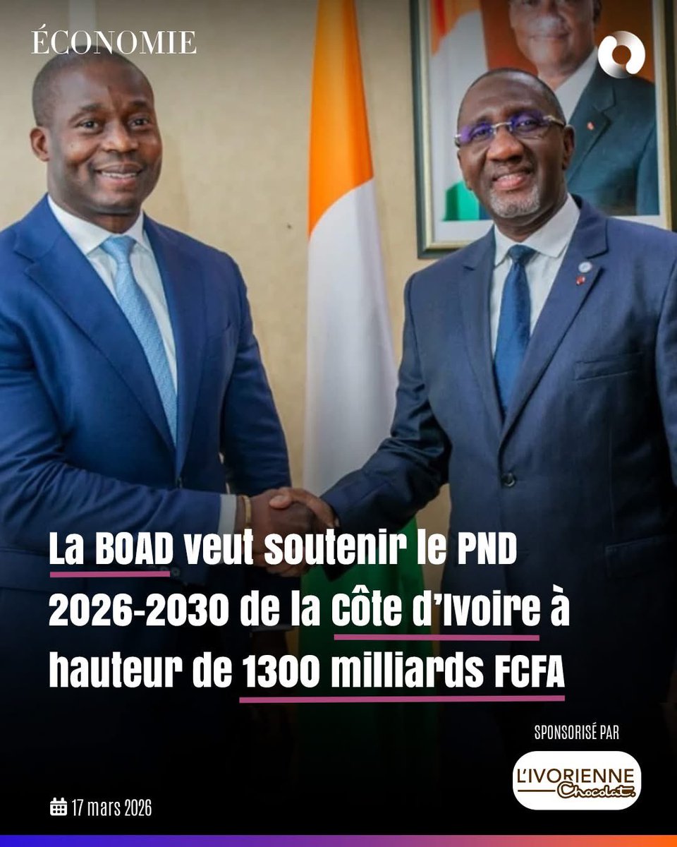 Prom_Ivoire's tweet image. La Banque Ouest-africaine de développement (BOAD) envisage de mobiliser plus de 1 300 milliards de FCFA afin d’accompagner la mise en œuvre du Plan national de développement (PND) 2026-2030 de la Côte d’Ivoire. 

#Linfodrome