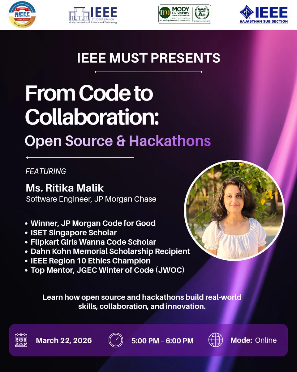IEEE_MUST's tweet photo. “Collaboration allows us to know more than we are capable of knowing by ourselves.”
-Paul Solarz

The IEEE Student Branch at Mody University is hosting an insightful session on how open source and the collaborative spirit of hackathons can turn ideas into impactful real-world https://t.co/csFFFI1xbn