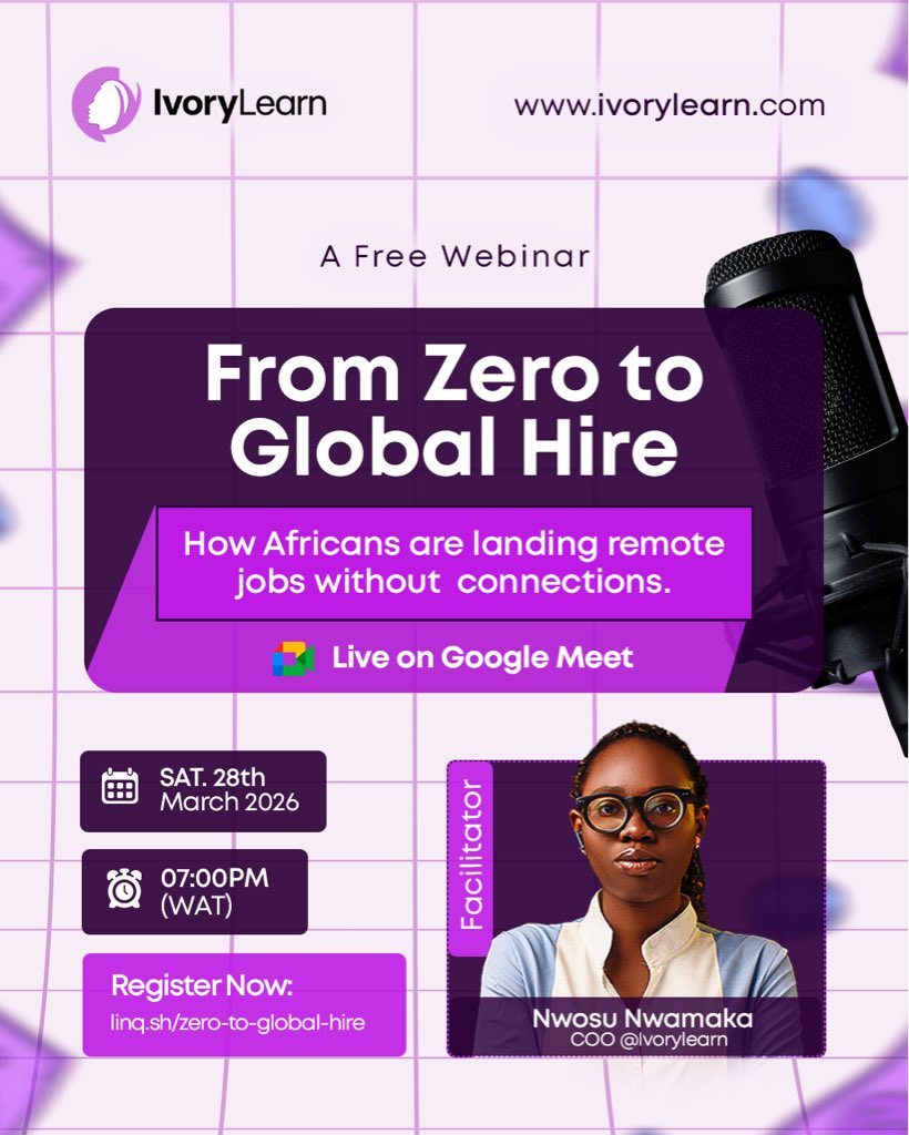 ivorylearnhub's tweet photo. The "Who You Know" era is over. It’s time for the "What You Can Do" era. 💼🌍
Join @IvoryLearn for a FREE webinar on how Africans are landing remote global jobs WITHOUT connections. https://t.co/uC3cBADwSq