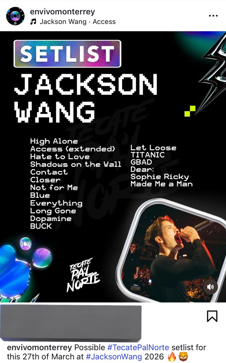 Envivomonterrey : IG 

Possible #TecatePalNorte setlist for this 27th of March at #JacksonWang 2026 🔥🦁

Set List เพลงที่คาดว่าเราจะได้ร่วมสัมผัสไปพร้อมกับ Jackson Wang บนเวที TecatePalNorte วันที่ 27 มีนาคมนี้ 🔥🚨

 🔗instagram.com/p/DWCp38ADyC1/…

#MAGICMAN2