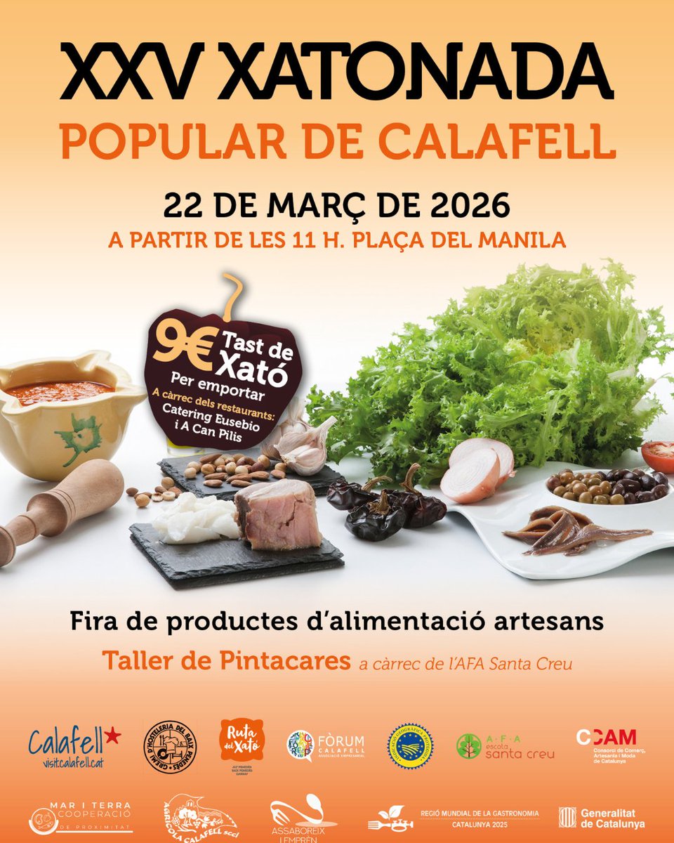 RutadelXato's tweet photo. Calafell celebra la 25a Xatonada Popular 
Diumenge vinent 22 de març us espera una jornada per gaudir de la gastronomia, la cultura i la tradició de Calafell 
🥗 Amb tast de xató amb 700 racions, amb truita inclosa, per 9€
👨‍👩‍👧‍👦 Activitats familiars I fira de productes artesanals https://t.co/9O6cC4V01n