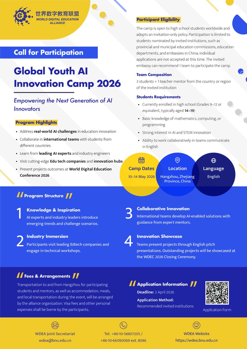 slibnu's tweet photo. 📢Call for Participation!
🌟Global Youth AI Innovation Camp 2026

📅 10–14 May 2026
📍 Hangzhou, China
🗣 English

📆 Deadline: 3 April 2026

Don't miss out! ✨

Read more: https://t.co/pT20RgWM8v https://t.co/ZEzqapLaNf