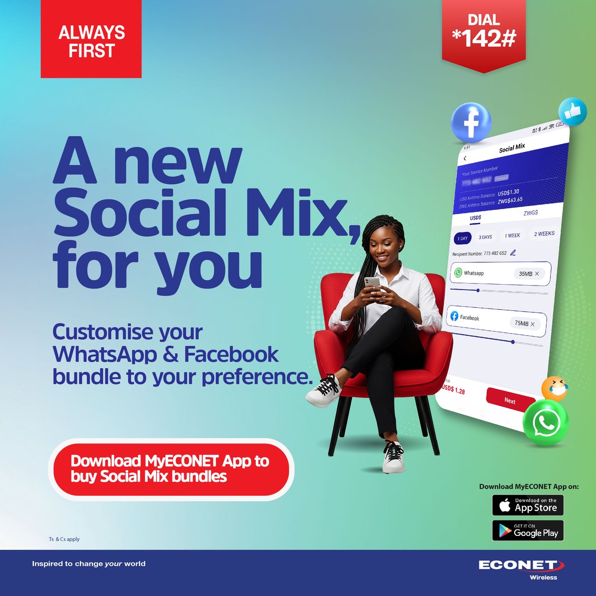 econetzimbabwe's tweet photo. Your data, your rules. 📱

With Social Mix, you choose how much WhatsApp and Facebook data you need, all in one bundle.

Download My Econet App or dial *142# today.

#LivingTheDifference 
#AlwaysFirst https://t.co/vuvMSY4pcr