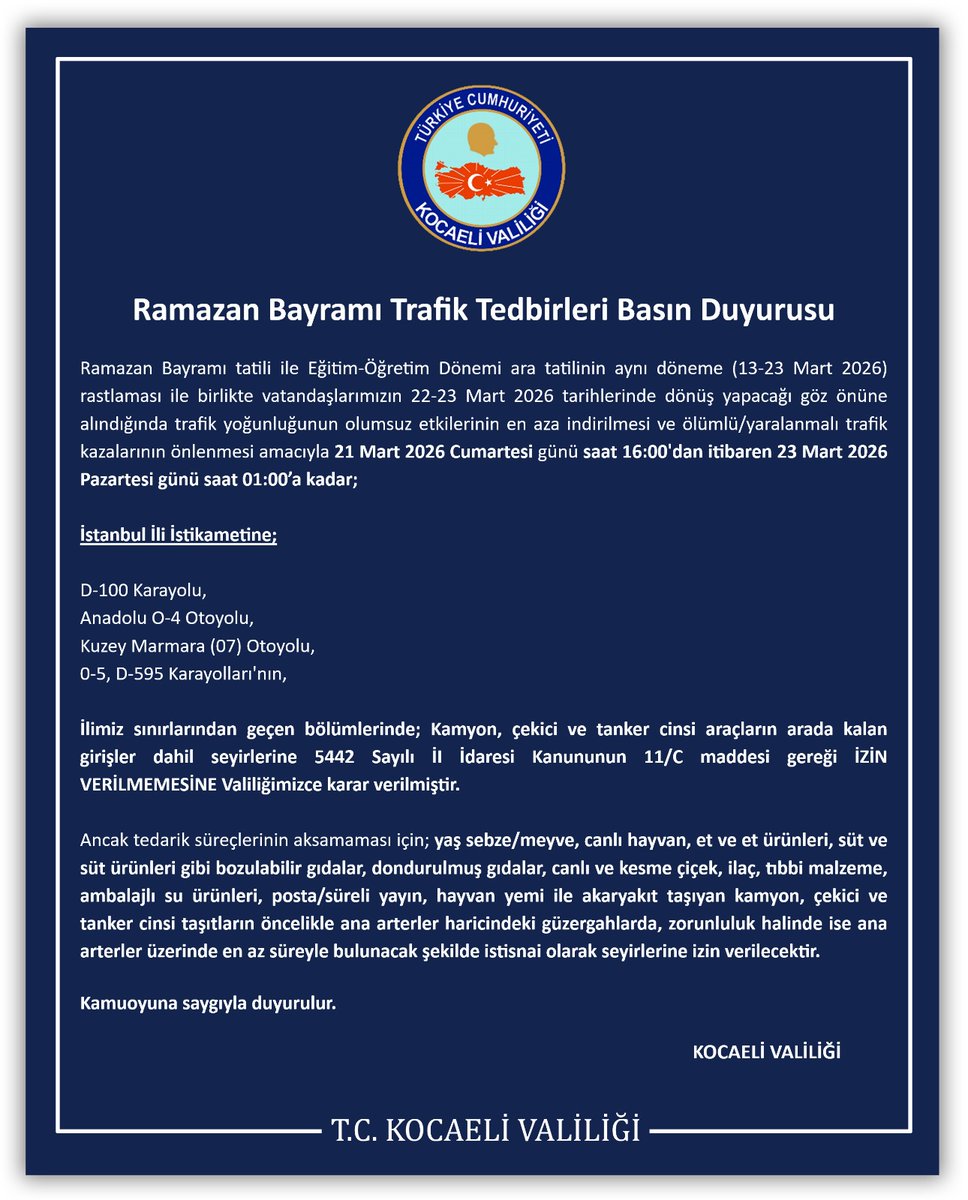Ramazan Bayramı Trafik Tedbirleri Basın Duyurusu
⬇️
kocaeli.gov.tr/ramazan-bayram…