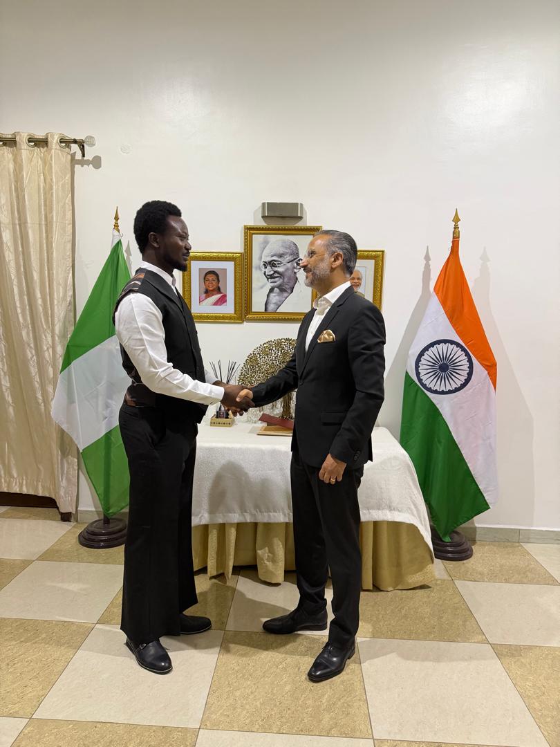 india_nigeria's tweet image. High Commissioner @AmbAbhishekIFS received Nigerian-born trumpeter Joshua Olusanya, fondly known as The Trumpet Influencer, who holds the Guinness World Records for the longest marathon trumpet performance, which lasted for 25 hours, 30 minutes, and 36 seconds. HC discussed