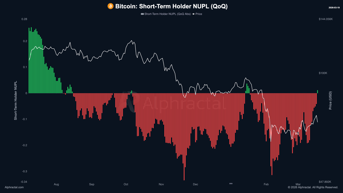 0xFelp's tweet photo. Desde agosto de 2025, quando o #Bitcoin ainda estava acima dos $110k, os #STH entraram em prejuízo latente.
De lá pra cá, praticamente só vermelho na tela.
São raríssimos os momentos de #NUPL positivo… e um deles é exatamente agora.
Esse gráfico mostra a que a situação hoje tá muito melhor que 3 meses atrás.
Esses respiros que são perigosos pro investidor pequeno que engata numa armadilha acreditando na "alta infinita" do #BTC.
Mas esses são essenciais pra quem sabe jogar o jogo e quer aproveitar a movimentação de valorização micro interna de alta em uma tendência (macro) de baixa.
@Alphractal
@Alphractal_PT
@victor__alfa