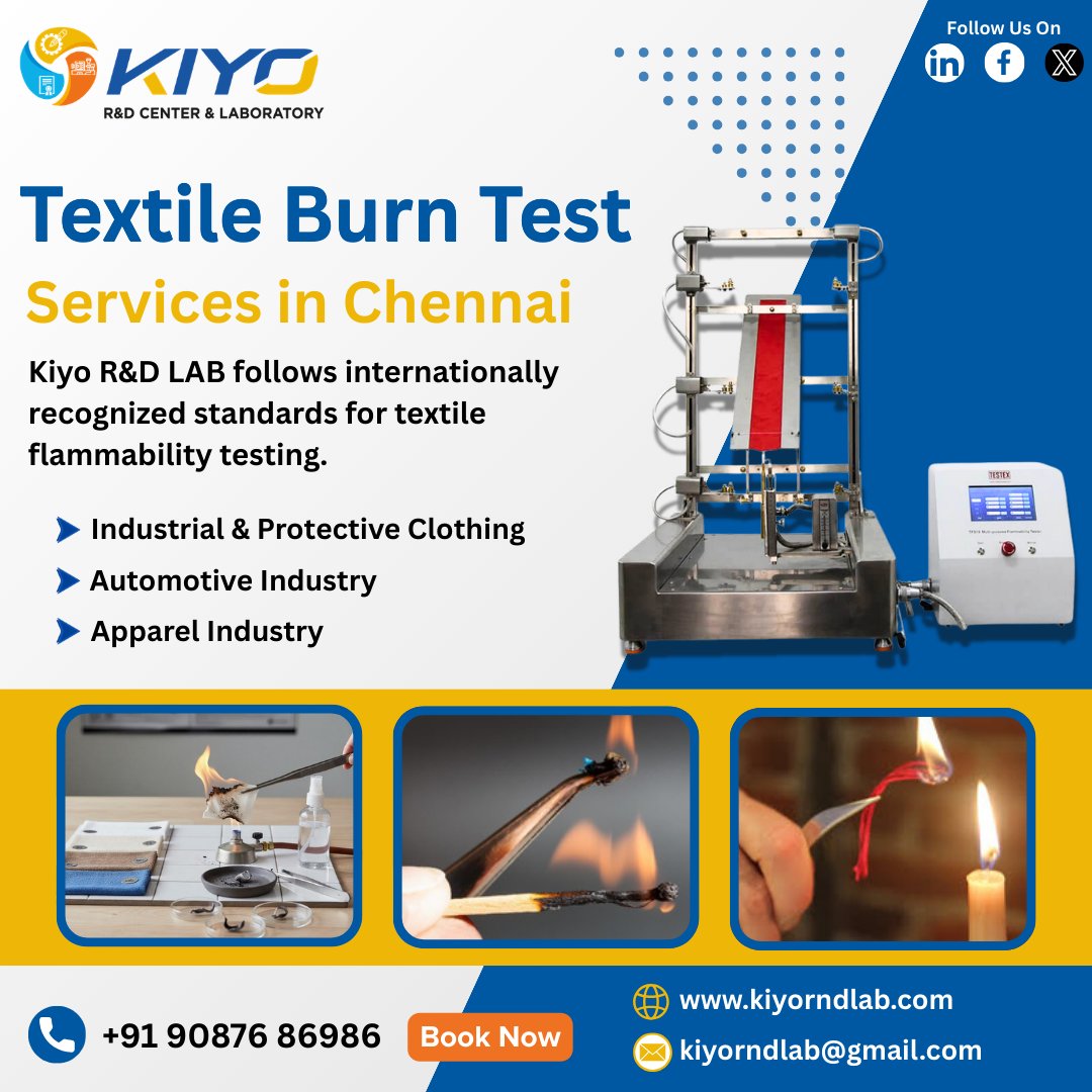 Kiyorndlab's tweet image. Ensure fabric safety with Textile Burn Test Services in Oragadam | NABL Lab – Kiyo R&amp;amp;D LAB. Accurate flammability testing.
📞 090876 86986
🌐 kiyorndlab.com
📍 Chrompet &amp;amp; Oragadam, Chennai

#TextileTesting #BurnTest #ChennaiLabs
