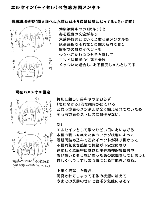 ティセル(エルセイン)、ベース人格は大きく変わってないんだけど、色恋関係は成長過程の体験の違いで別人みたいになってしまう