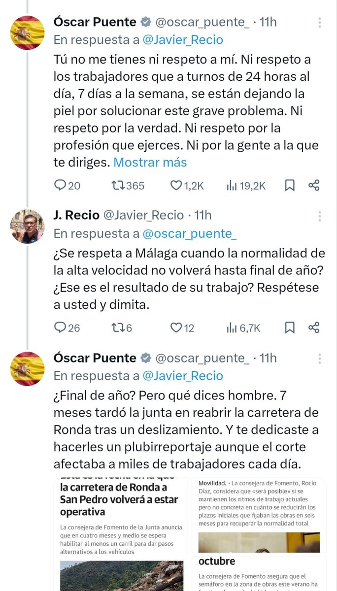 #OJO

<a href="/Oscar_Puente_/">Óscar Puente</a> responde a un vídeo #Bulo del filofacha <a href="/DiarioSUR/">SUR. El periódico de Málaga</a>, su director <a href="/Javier_Recio/">J. Recio</a> contesta con el argumentario #PPFacha y el ministro lo destroza con realidades, a él y a sus bulos.

(ver comentarios y sucesivos post de #OscarPuente sobre la verdad de #Málaga)
.