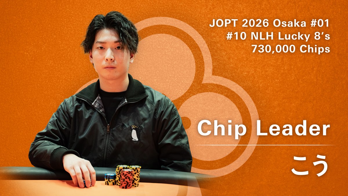 JOPT_osaka's tweet photo. @yeonana9 【#10 NLH Lucky 8’s】

現在のチップリーダーは こう様  / 730,000点 です。

Level 13
Blinds 4,000 / 8,000 ( 8,000 )  Avg. 216,000 
Players 40 / 288 

#JOPTOsaka
#JOPT https://t.co/0HFgXumDQv