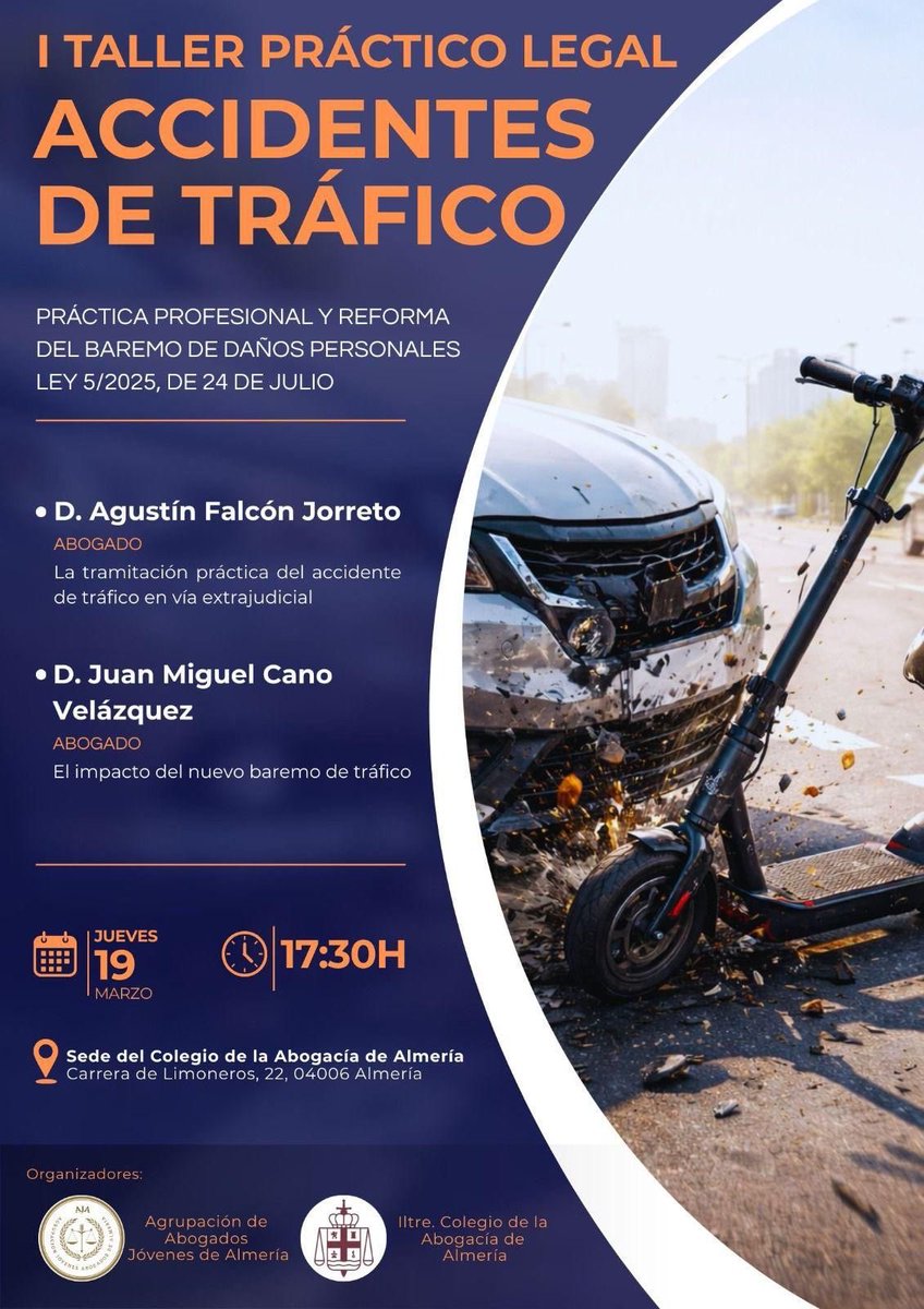 FORMACIÓN ONLINE | TALLER PRÁCTICO LEGAL: ACCIDENTES DE TRÁFICO 

La *Agrupación de Abogados Jóvenes de Almería* y el *Ilustre Colegio de la Abogacía de Almería* organizan este taller práctico sobre la *tramitación de accidentes de tráfico *y *la reforma del baremo de daños…