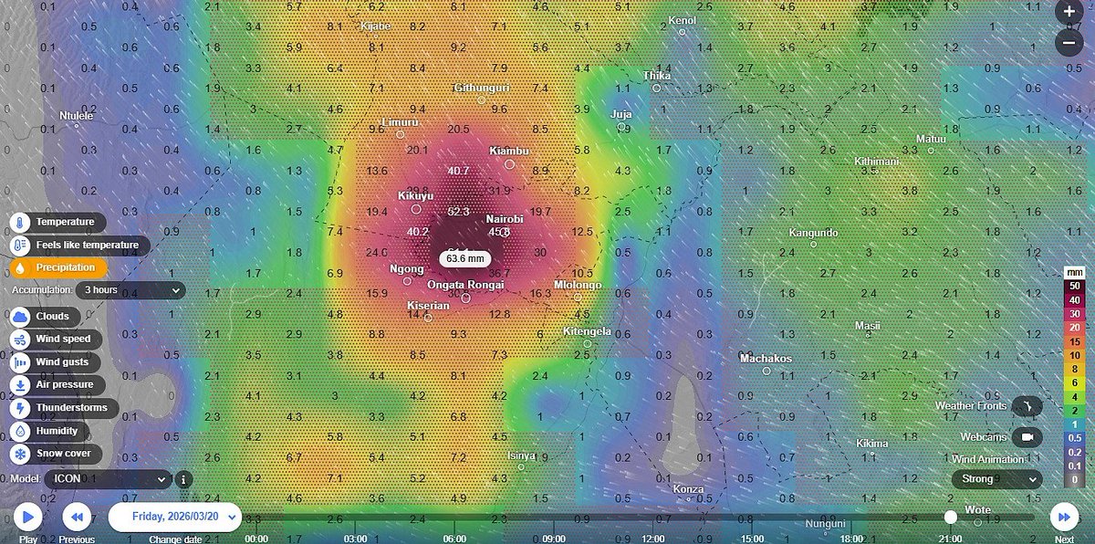 MaithyaVilivu's tweet image. The Swiss AI multi-model ensemble affirms German DWD ICON model's earlier prediction of heavy rains in #Nairobi . Both agree that over 60mm may fall in the city &amp;amp; it's environs within 24hrs from Friday evening into the night. The ICON model is more precise with timing, showing