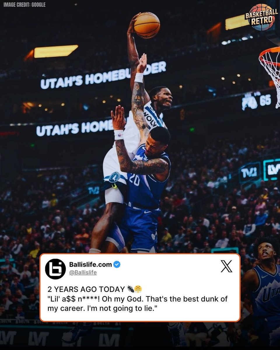 _RetroBB's tweet image. Anthony Edwards poster dunk on John Collins lives rent-free in every NBA fan's mind. 😭

#BasketballRetro #AnthonyEdwards #NBA #Dunk #Timberwolves