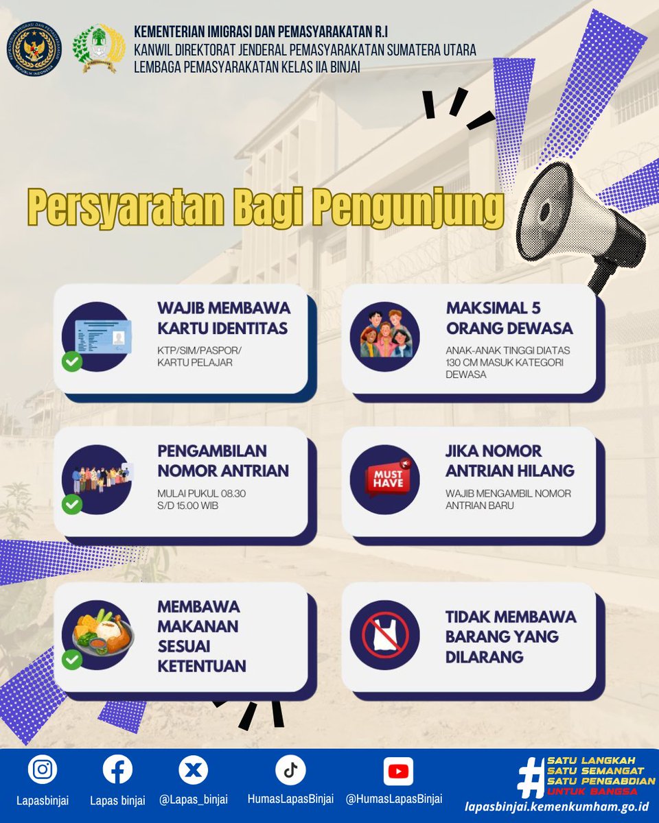 lapas_binjai's tweet image. Hai Teman Labin..! 
Layanan Kunjungan Lapas Binjai pada Hari Raya Idul Fitri 1447 H  dibuka lo...
Pada Hari Sabtu, Senin, Selasa dan Rabu Tanggal 21, 23, 24 dan 25 Maret 2026.

Yuk Lihat Jadwal dan Ketentuannya…

#kemenimipas
#guardandguide
#ditjenpas