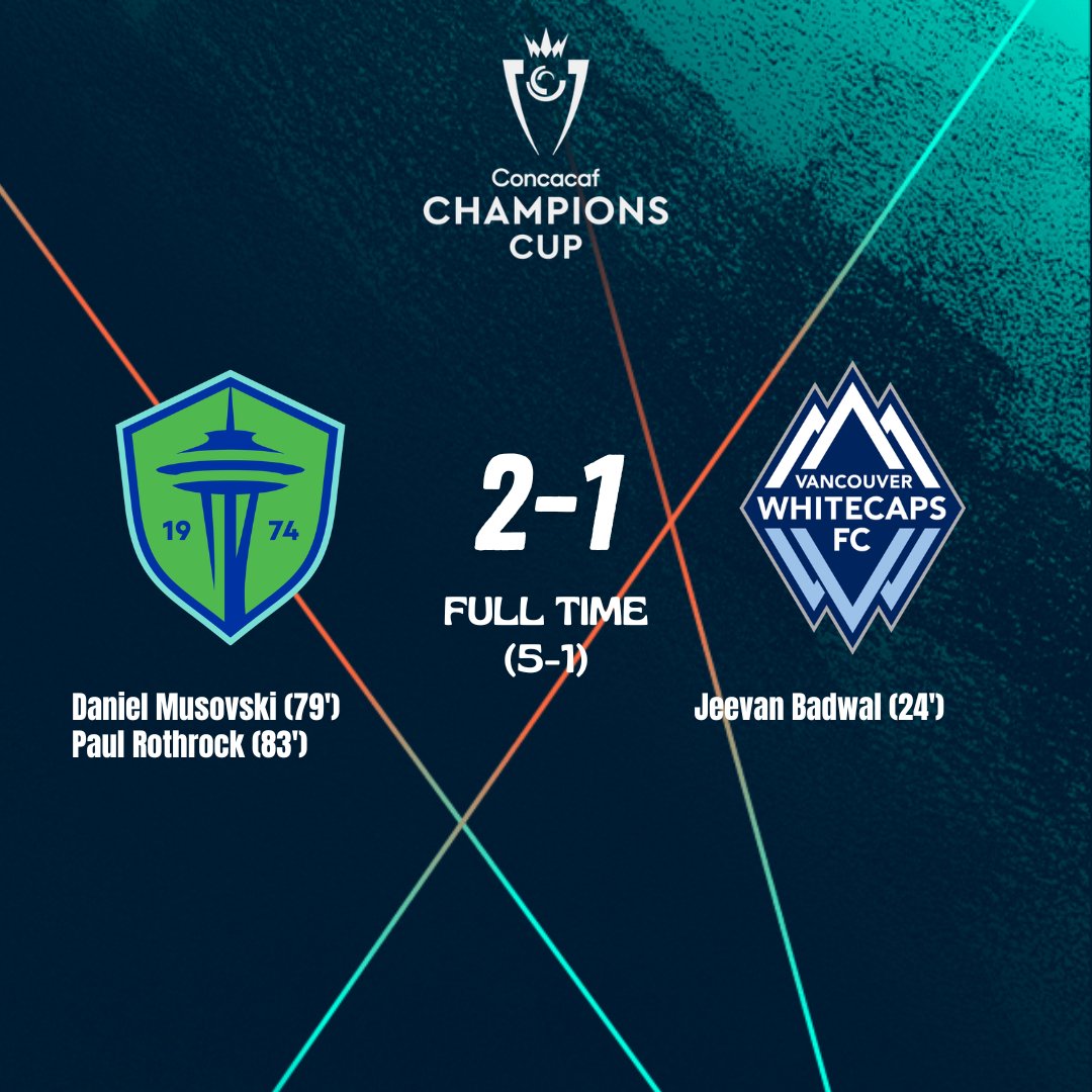 2026 CONCACAF Champions Cup
Round of 16

FULL TIME

Seattle Sounders🇺🇸 2-1 🇨🇦Vancouver Whitecaps

Aggregate: 5-1

<a href="/SoundersFC/">Seattle Sounders FC</a> march on to the Quarterfinals

#Concacaf #Concachampions