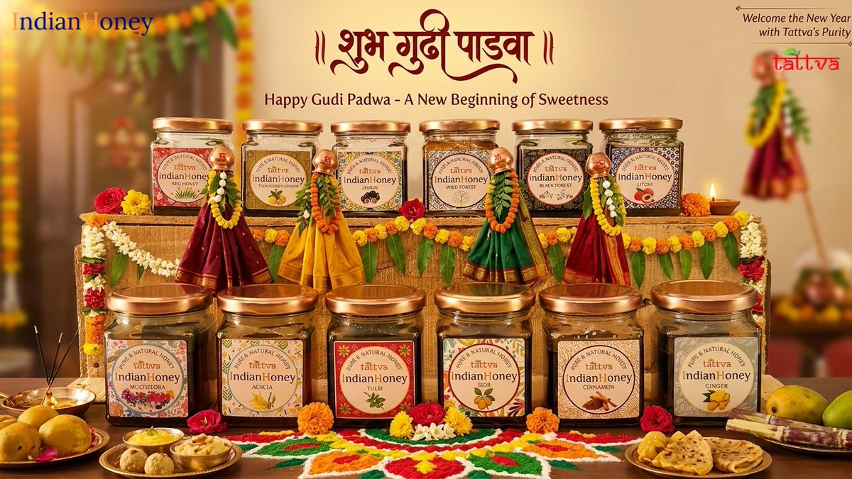 Tattvafood's tweet photo. 🌸✨ Wishing you a joyful and prosperous Gudi Padwa! ✨🌸

#HappyGudiPadwa #GudiPadwa2026 #TattvaHoney #IndianHoney #PureAndNatural #FestivalOfBeginnings #MaharashtrianNewYear #CelebrateTradition #SweetStart #HoneyLoversIndia #ArtisanalHoney #FestiveFlavors #AyurvedicLiving #Bee https://t.co/CoUtZP904T