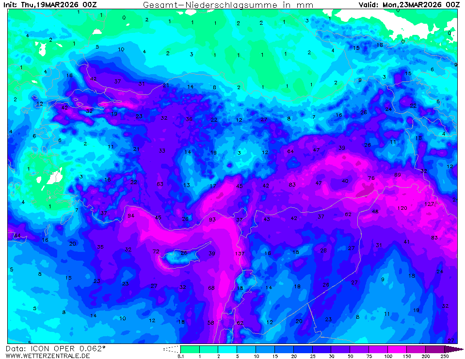 Gözlemlerim Alman Meteoroloji Servisi (DWD) ve Max Planck Enstitüsünün geliştirdiği ICON modelinin ülkemiz ve komşu coğrafyalar için en sağlıklı hava tahminlerini yaptığını teyid ediyor. Bu modele göre 96 saat içinde toplam alacağımız yağış miktarını haritadan takip
