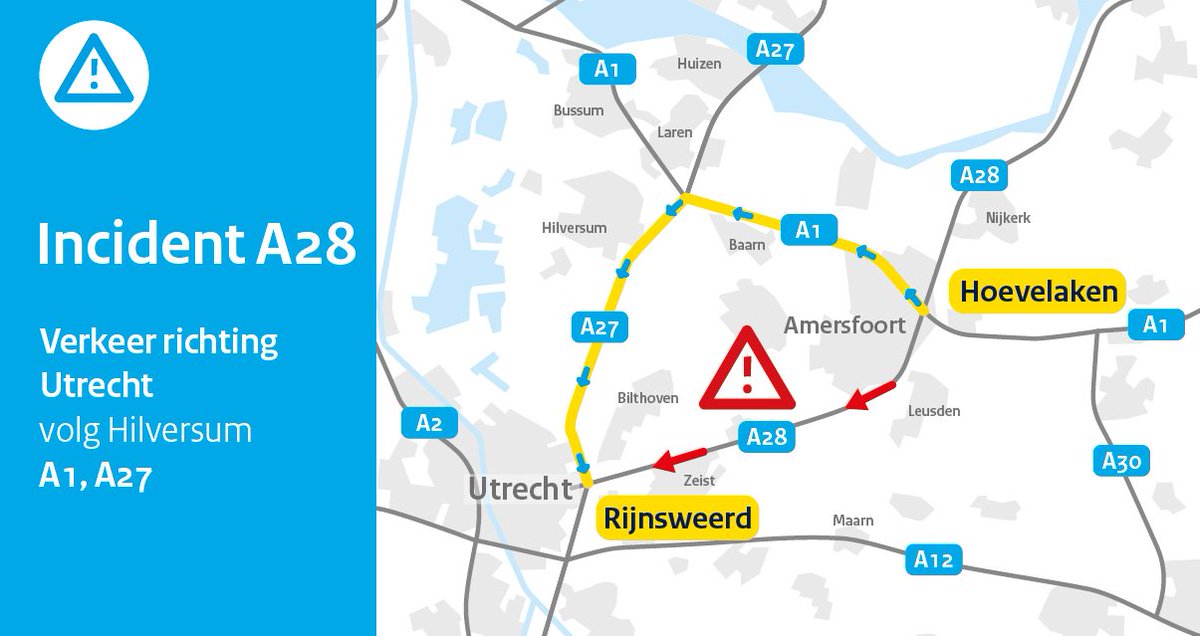 RWSverkeersinfo's tweet image. Op de #A1 richting Amsterdam is op knp. Hoevelaken de verbindingsweg naar de #A28 richting Utrecht dicht in verband met slecht wegdek. We leiden je voorlopig om om vanaf het knooppunt via onderstaande route. 👇