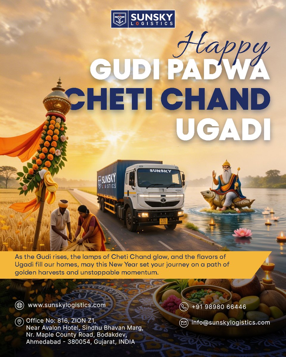 sunskylogistics's tweet image. Golden harvests. Unstoppable momentum. New Horizons. 🌅🛡️

SunSky Logistics Ltd. wishes you a Happy Gudi Padwa, Cheti Chand, and Ugadi! May your journey this year be as bright as the festive lamps.

#SunSky #NewYear #FestiveVibes #Logistics #GudiPadwa #ChetiChand #Ugadi