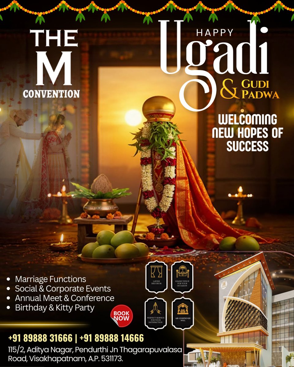 Convention1383's tweet photo. 🌸 THE M CONVENTION 🌸
✨ Happy Ugadi &amp; Padwa! ✨
Celebrate the season of new beginnings, happiness, and success with elegance and grandeur 🎉

💫 Welcoming New Hopes of Success
Make your special moments unforgettable at The M Convention — the perfect venue for every celebration. https://t.co/hZbDm7W2Md
