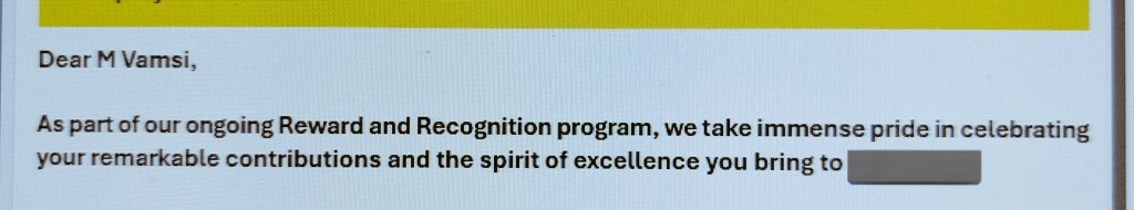 Vamsii147's tweet image. Feeling so appreciated today 😊.

Grateful to receive the Reward and Recognition from my Organisation.

Hard work pays off! 🏆

#WorkLife #Achievement #Recognition