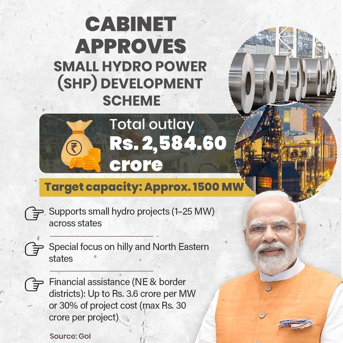 ikaushikvekaria's tweet photo. Union Cabinet approves the Small Hydro Power (SHP) Development Scheme with an outlay of Rs. 2,584.60 crore to add 1500 MW capacity from FY 2026–27 to 2030–31.

#CabinetDecisions https://t.co/Xg0nQ2bIh4
