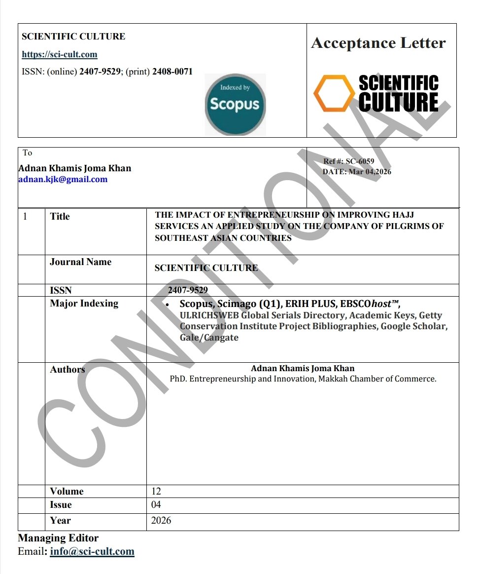 KjkAdnan's tweet photo. بفضل الله، تم قبول بحثي العلمي للنشر في مجلة دولية محكّمة (Scopus Q1)،
والذي يتناول تطوير خدمات الحج من منظور ريادة الأعمال،
بما يعزز كفاءة القطاع ويرتقي بتجربة ضيوف الرحمن.
طموحنا أن يكون لهذا الجهد أثر عملي يواكب تطلعات القيادة الرشيدة 🇸🇦 https://t.co/RaNby52rdw