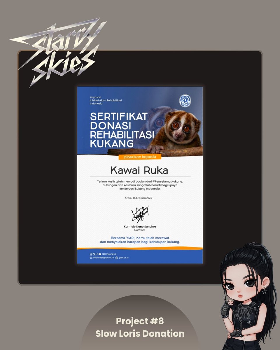 #STARRYSKIES project #8 : Slow Loris Donation For #RUKA

24 years of RUKA 🦥 one symbol, one action: for Indonesian slow lorises with "Kukangku" (YIARI). ✨️

#MARCHWITHRUKADAY
#KAWAIRKPROJECT