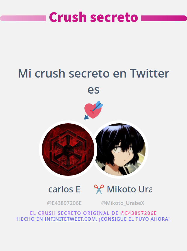 Mi crush secreto en Twitter es <a href="/Mikoto_UrabeX/">✂️ Mikoto Urabe ✂️</a>

➡️ infinitetweet.me/secret-crush?l…