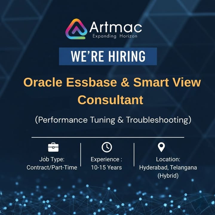 Artmacsoft's tweet photo. We are Hiring for #India #Positions

#JobTitle : #Oracle #Essbase &amp; #SmartView #Consultant (#Performance #Tuning &amp; #Troubleshooting)

#Location : #Hyderabad, #Telangana (#Hybrid)

https://t.co/5qOYVrxT07 https://t.co/VlMwJgvpHJ