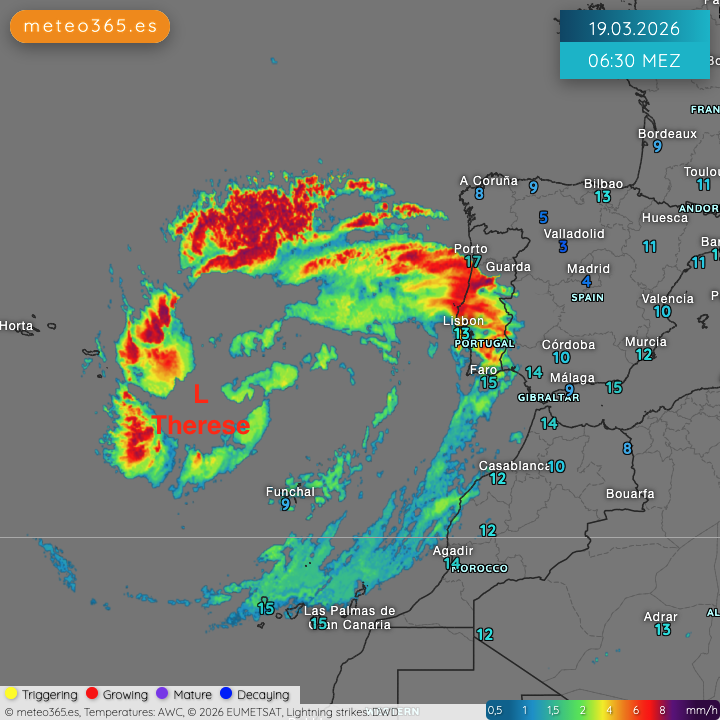 meteo365_es's tweet image. #RADAR 🛰️ Current position #Storm #Therese on Thursday morning. ⚠️ More rain for the Canary Islands 🇪🇸, and snow again in the higher elevations.