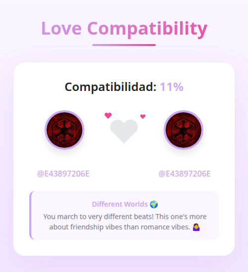 Mi Compatibilidad Amorosa con <a href="/E43897206E/">carlos E</a> es del 11%

➡️ infinitetweet.me/love-calculato…
