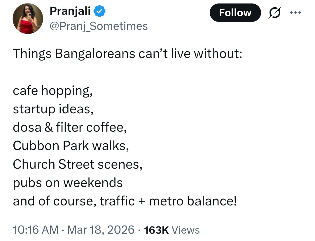 Things "real" Bangaloreans can't live without:
Kannada language 
Kannada culture 
Kannada movies 
Kannada songs
Kannada cuisine
Kannada hindu temples
Dose &amp; filter coffee
Cubbon park &amp; Lalbhagh