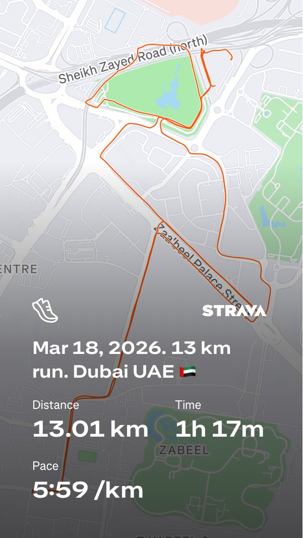 beshtawy's tweet photo. Mar 18, 2026. 13 km run. Dubai UAE 🇦🇪 Check out my run on Strava.
https://t.co/gBCt2ysQq9 #UAE #Dubai #running #Asics #Metaspeed_Sky_Tokyo @googlephotos #garminラン https://t.co/n6wU81AdXG