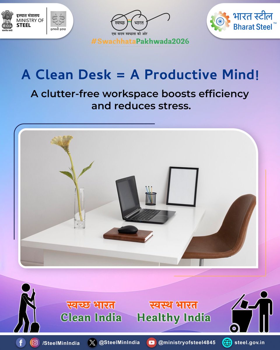 SteelMinIndia's tweet image. A clean workspace is more than just an aesthetic choice — it supports clarity, efficiency and a healthier work environment.
As part of #SwachhataPakhwada2026, let’s take a step towards maintaining clean and organized workspaces every day.
#SwachhBharat #HealthyIndia