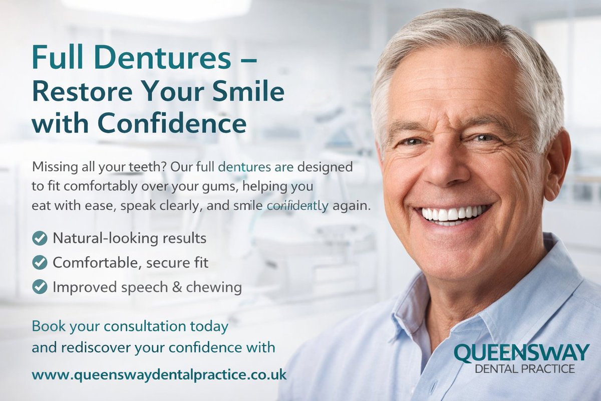 Restore your smile with full dentures 🦷
Eat, speak &amp; smile confidently again.
Book today 👉 queenswaydentalpractice.co.uk

#FullDentures #SmileConfidence #DentistUK #OralHealth #SmileAgain