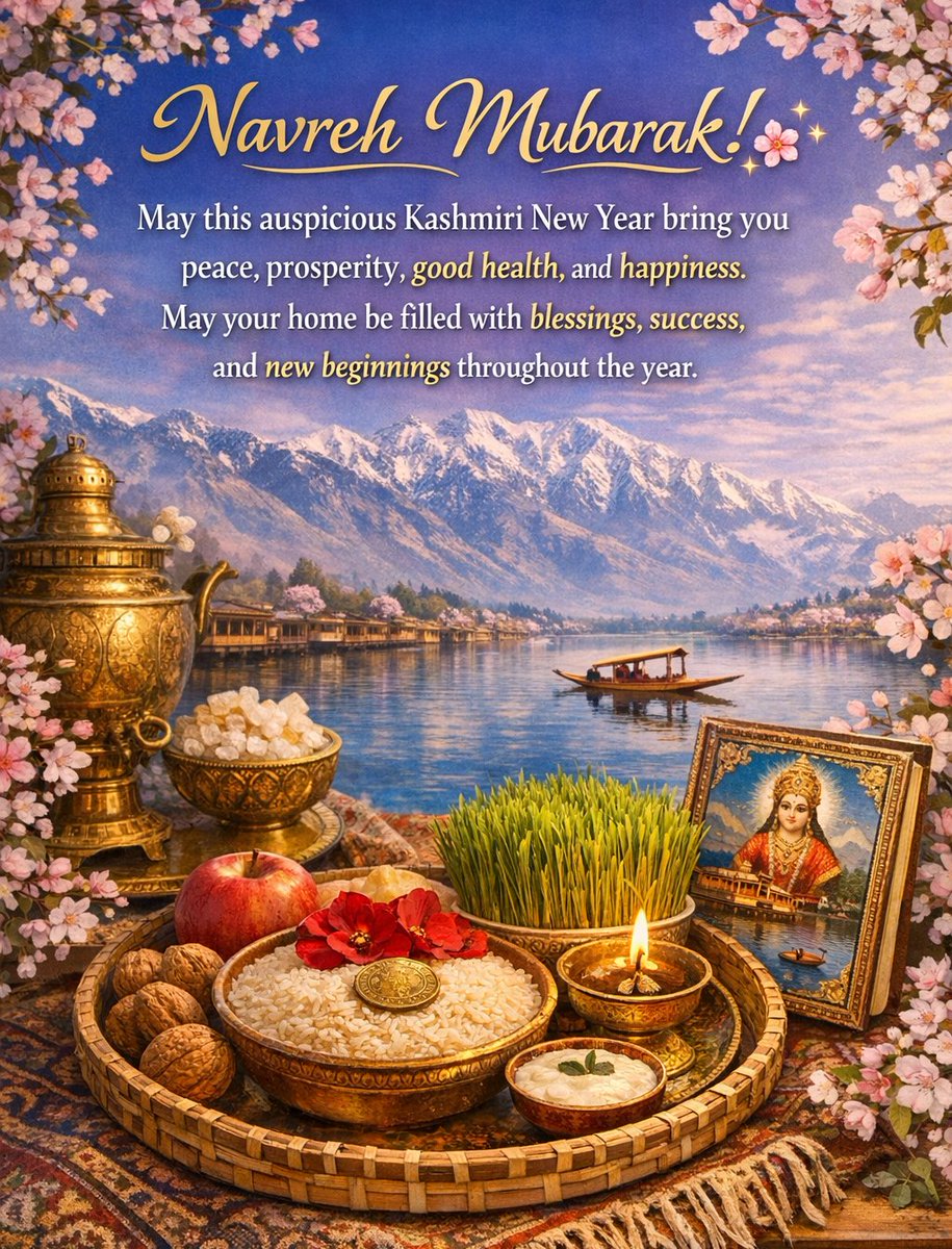 Navreh Mubarak! 🌸✨

May this auspicious Kashmiri New Year bring you peace, prosperity, good health, and happiness. May your home be filled with blessings, success, and new beginnings throughout the year.

Warm wishes to you and your family on this beautiful occasion! 🌼