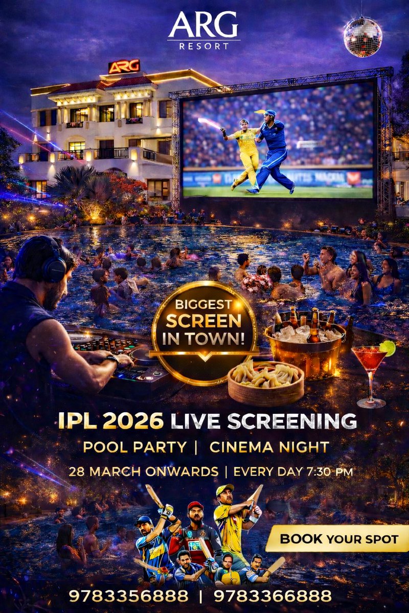 ArgResort's tweet photo. RCB 🔥 vs SRH 💥
Match ka asli maza stadium jaisa vibe ke saath!

📍 ARG Resort
📺 Biggest Screen in Town
💦 Pool Party + Cinema Night

🗓 28 March
⏰ 7:30 PM onwards

📞 9783356888 | 9783366888

⚠️ Limited Spots – Book Now! https://t.co/YdBu8bnrlx