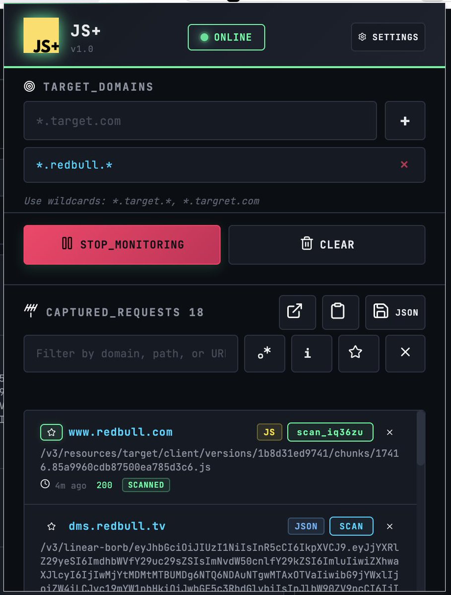 shinchina_'s tweet photo. I vibecoded "JS+" chrome extension to monitor and scan JS URLs for given targets. Inspired from 0xJS by @4osp3l 

https://t.co/RyNuAbC47p

#bugbounty https://t.co/DraejujDai