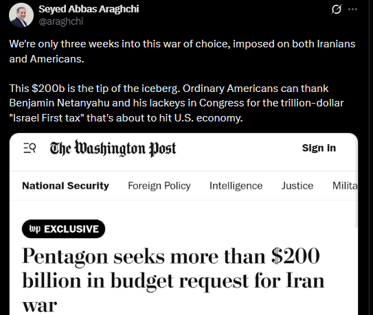 CNBCTV18Live's tweet image. #WestAsiaWar  | We're only three weeks into this war of choice, imposed on both Iranians &amp;amp; #Americans . This $200 bn is the tip of the iceberg. Ordinary Americans can thank #BenjaminNetanyahu and his lackeys in Congress for the trillion-dollar "#IsraelFirstTax" that's about to
