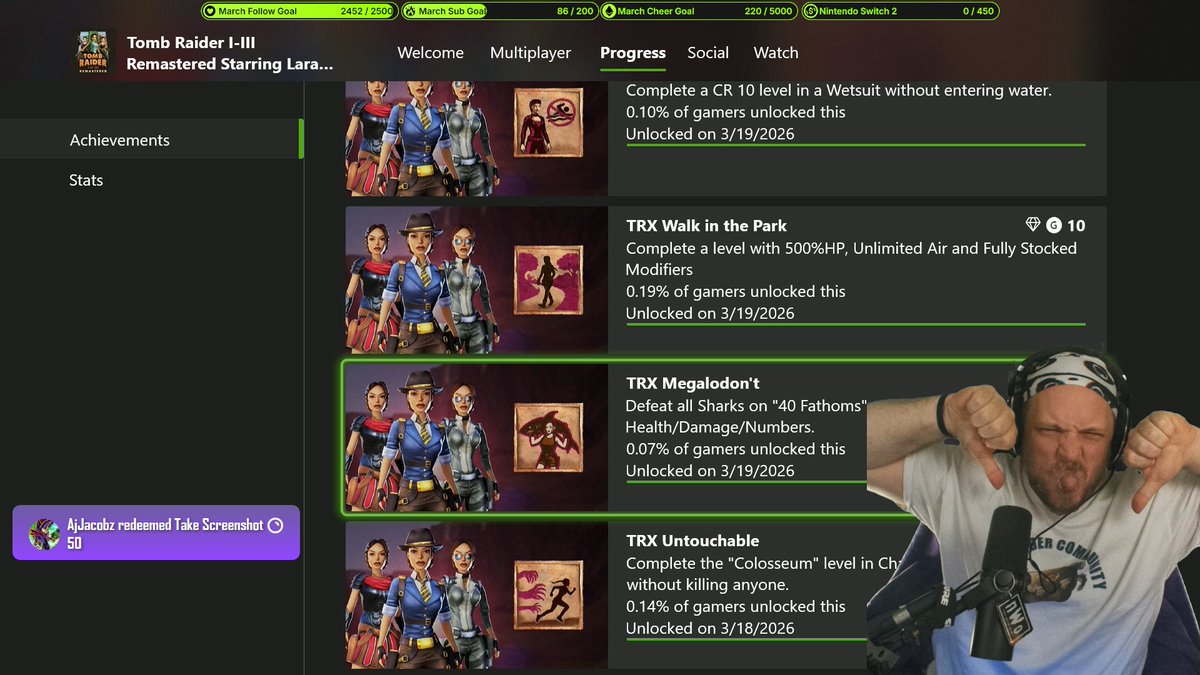 croakitoad's tweet image. WE DID IT! All 15 brand new challenge mode achievements for #TombRaider 1-2-3 Remastered are completed! That "Megalodon't" achievement was annoying to get, but we got it done. PHEW. twitch.tv/croakitoad 

@tombraider @AspyrMedia #Twitch #TwitchPartner #Croakitoad #LaraCroft