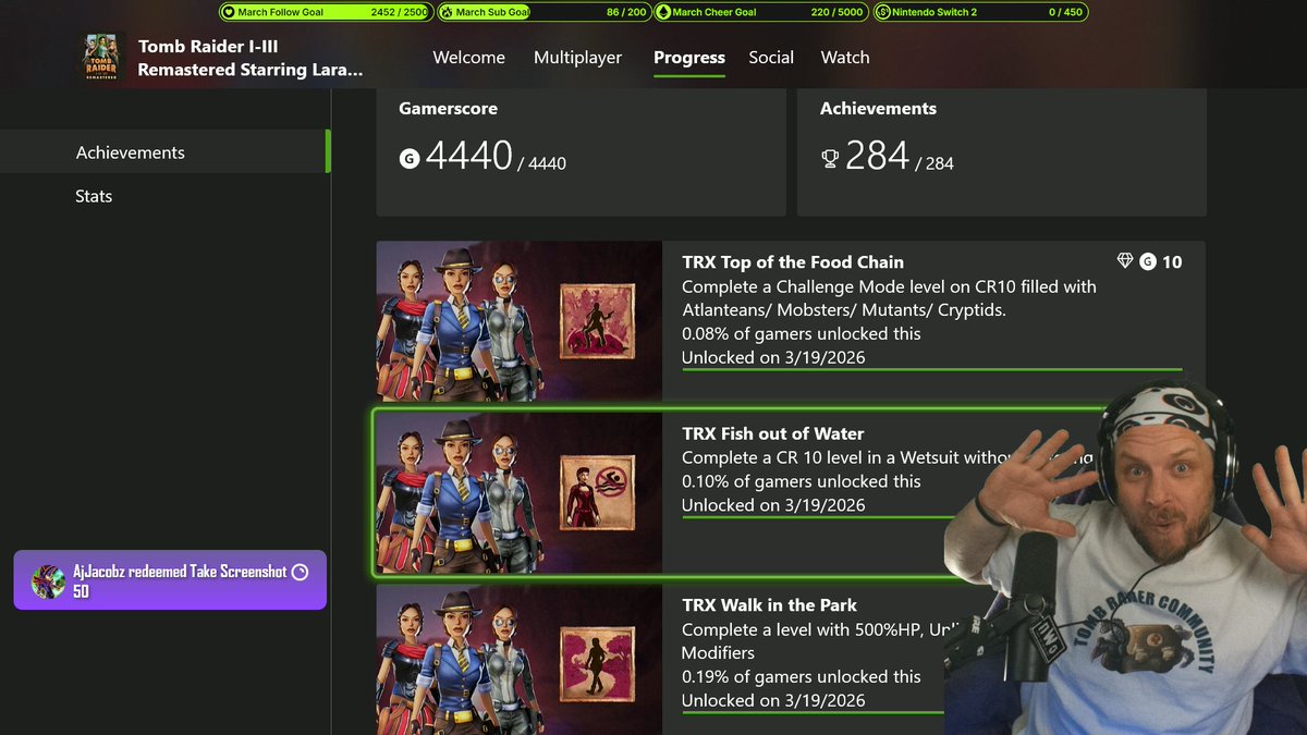 croakitoad's tweet image. WE DID IT! All 15 brand new challenge mode achievements for #TombRaider 1-2-3 Remastered are completed! That "Megalodon't" achievement was annoying to get, but we got it done. PHEW. twitch.tv/croakitoad 

@tombraider @AspyrMedia #Twitch #TwitchPartner #Croakitoad #LaraCroft