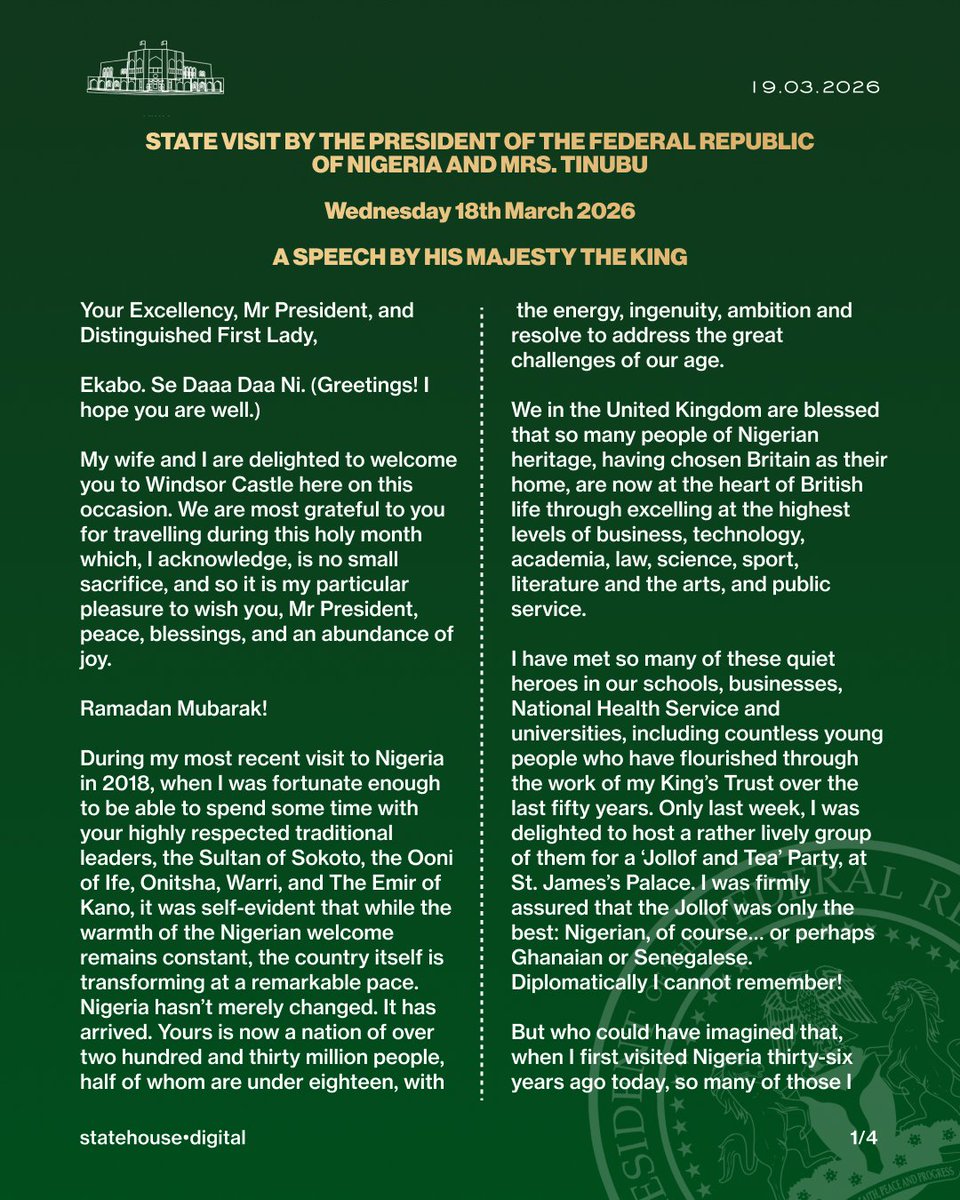 NGRPresident's tweet photo. A SPEECH BY HIS MAJESTY THE KING π³π¬π¬π§
@asovilladigital | @UKinNigeria
#StateVisit #NigeriaUK #PartnershipsThatWork #RoyalVisit https://t.co/rCUy5KzTad