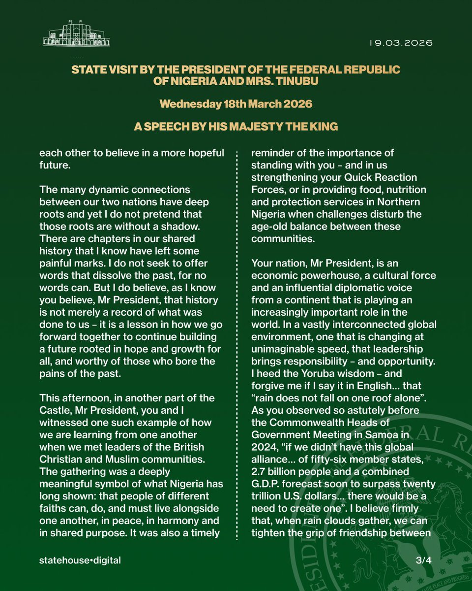 NGRPresident's tweet photo. A SPEECH BY HIS MAJESTY THE KING π³π¬π¬π§
@asovilladigital | @UKinNigeria
#StateVisit #NigeriaUK #PartnershipsThatWork #RoyalVisit https://t.co/rCUy5KzTad
