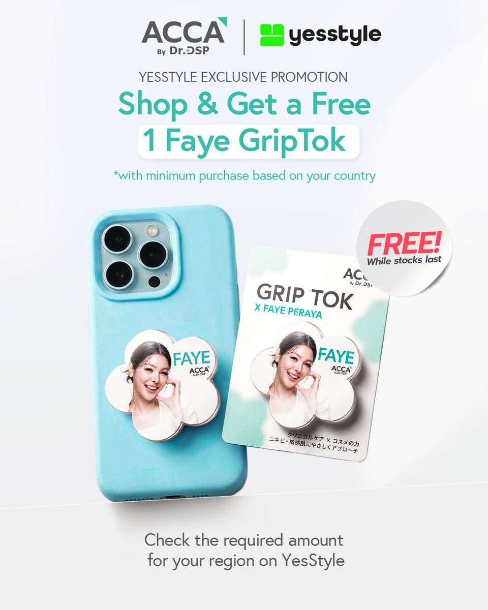 ACCA_by_DrDSP's tweet image. 𝗬𝗘𝗦𝗦𝗧𝗬𝗟𝗘 𝗘𝗫𝗖𝗟𝗨𝗦𝗜𝗩𝗘 𝗣𝗥𝗢𝗠𝗢𝗧𝗜𝗢𝗡 * ✨
Enjoy a complimentary “Faye Peraya GripTok” with minimum purchase on YesStyle.
.
🤍 Minimum spend varies by country and currency
🤍 Available for a limited time only
.
Please check the applicable promotion and conditions