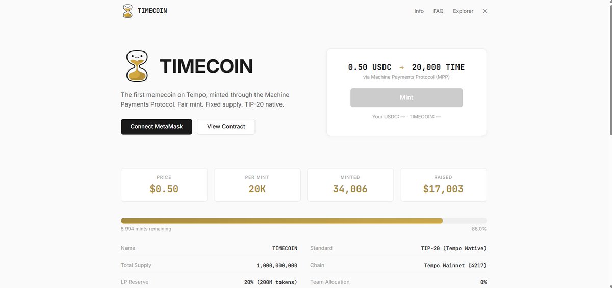 skylightttAA's tweet photo. Try to mint first memecoin on tempo
0.5 usdc per mint https://t.co/L6xX5tdOAc