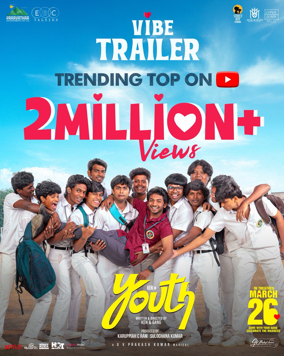 #YouthTrailer Crosses 2 MILLION VIEWS &amp; still counting and TRENDING💥

The vibe just got louder 💫

Watch Trailer - youtu.be/VDfU3pLaGdg

#YOUTH hitting big screens this March 26th 🤘

#YOUTHTeluguOnMar26 🕺

A <a href="/gvprakash/">G.V.Prakash Kumar</a> Musical Magic 🎶

Telugu Release by <a href="/E2CTalkies/">E2CTalkies</a> 🎫